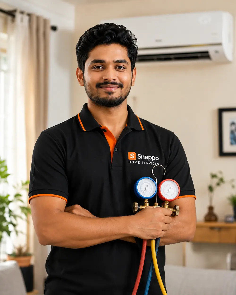Snappo AC technician servicing a split AC in Aligarh